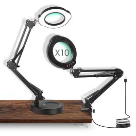 10X Magnifying Glass with Light And Stand Real Glass Lens Magnifying Desk Lamp with Clamp 5 Color Modes Dimmable Brightness For Craft Reading Painting