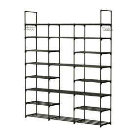 8-Tier 3-Row Shoe Rack Metal Shoe Storage Shelf Free Standing Large Shoe Stand 42 Pairs Shoe Tower Unit Tall Shoe Organizer with 2 Hooks for Entryway