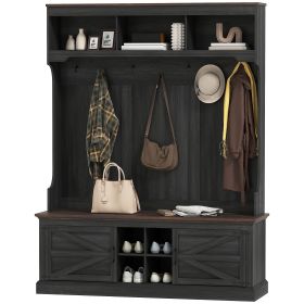 HOMCOM 3-in-1 Hall Tree with Shoe Storage, Coat Rack with Bench, Entryway Furniture with Hooks, Black Wood Grain