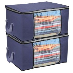 2Pcs Clothes Storage Bag 90L Large Capacity Foldable Closet Organizer w/ Thick Fabric Clear Window Dual-Zipper for Clothes Comforters Blankets Bedding (Option: NagvyBlue)
