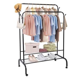 Garment Hanging Rack Clothing Hanging Rail Pillow Shoe Display Organizer Clothes Organizer Stand with 2 Rails 2 Shelves 4 Rolling Wheels 4 Hooks (Option: Blacgk)