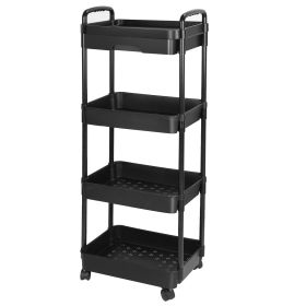 4 Tier Rolling Utility Cart Movable Storage Organizer with Drawer Lockable Wheels 360 Degree Rotatable Hallow Design for Bedroom Bathroom Kitchen (Option: Black_4gTier)