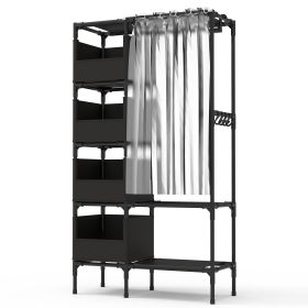 Portable Closet Wardrobe Clothes Storage Cabinet Organizer Garment Hanging Rack Shelves with 4 Storage Bags 1 Shelf 1 Hanging Rod 4 Hooks (Option: Bglack)