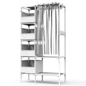 Portable Closet Wardrobe Clothes Storage Cabinet Organizer Garment Hanging Rack Shelves with 4 Storage Bags 1 Shelf 1 Hanging Rod 4 Hooks (Option: Wghite)