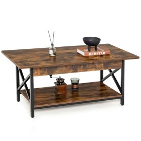 2-Tier Industrial Rectangular Coffee Table with Storage Shelf (Color: Rustic Brown)