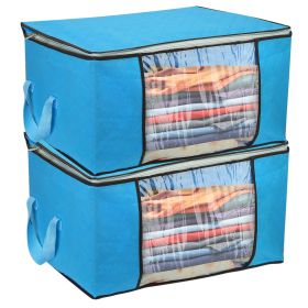 2Pcs Clothes Storage Bag 90L Large Capacity Foldable Closet Organizer w/ Thick Fabric Clear Window Dual-Zipper for Clothes Comforters Blankets Bedding (Option: Bglue)